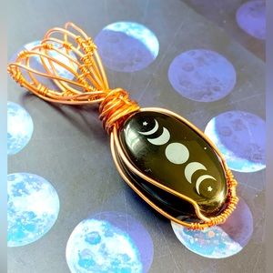 Handcrafted Wire Wrapped Black Onyx Pendant with Engraved Moon Phases | NWT